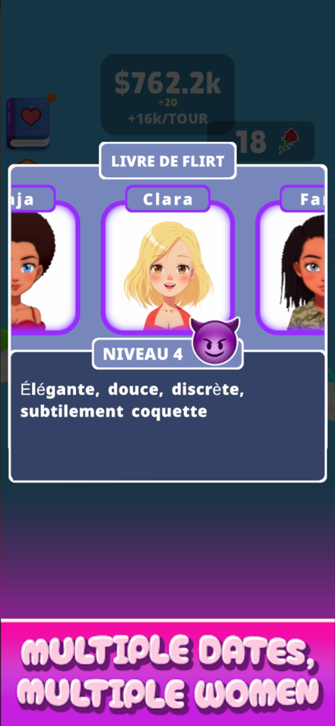 Love Loop! - Una captura de pantalla de la interfaz del juego móvil Love Loop que muestra una selección de personajes femeninos estilo anime para citas.