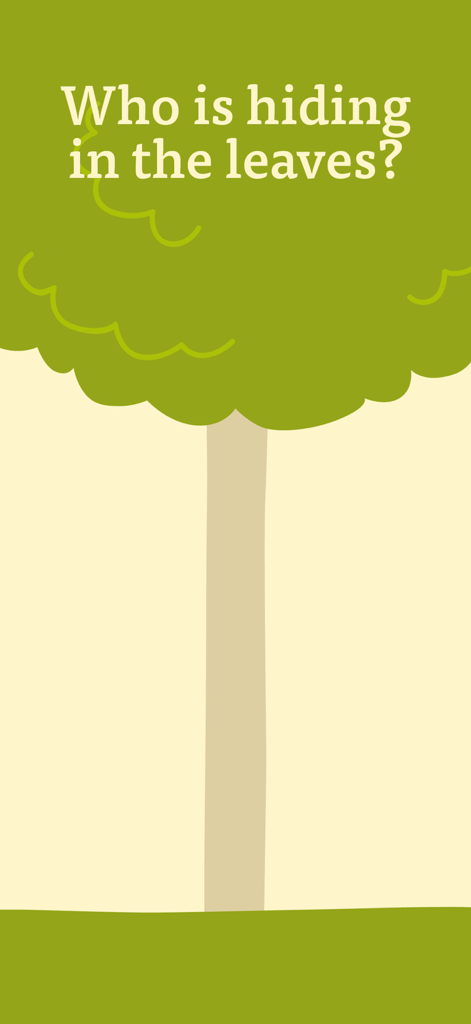 Shake the Tree! - Ilustración minimalista de un árbol verde con el texto ¿Quién se esconde entre las hojas?
