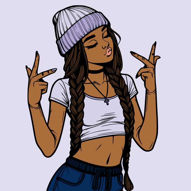 realistic teenage girl with braids and a beanie and crop top doing 🫶🏼