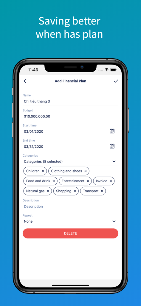 SmartMoney - Budget Planner - SmartMoney app screen for adding a new financial plan with custom budget and categories