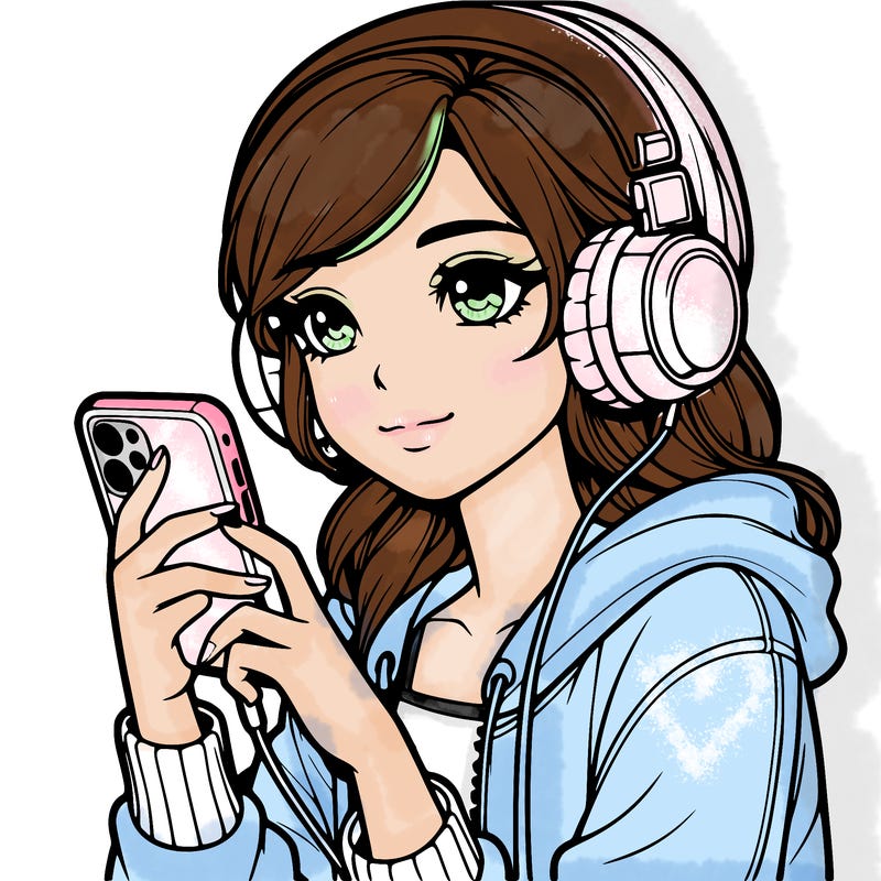 realistic girl wearing headphones and on her phone