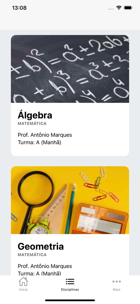 TrilhaEdu - Mobile interface of the TrilhaEdu app showing mathematics courses for Algebra and Geometry