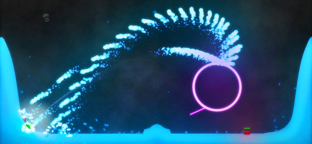 A screenshot of ShellShock Live showing a tank firing a glowing blue weapon effect across a 2D landscape.