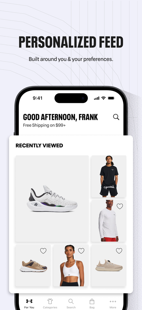 Under Armour app interface showing a personalized shopping feed with recently viewed shoes and athletic apparel