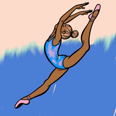 gymnast doing a leap in a leotard with a bent back leg