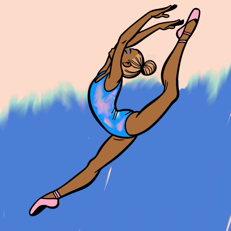gymnast doing a leap in a leotard with a bent back leg