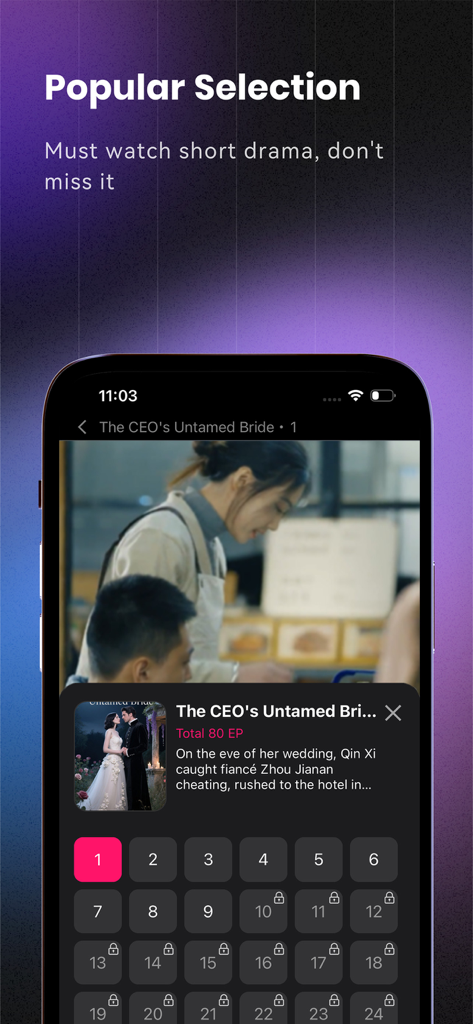 FomoShort - FomoShort app interface showing a popular CEO romance drama with a list of numbered episodes to watch.