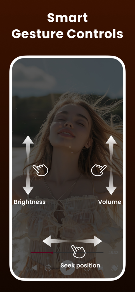 Video Player - All Formats - Interface showing smart gesture controls for brightness volume and seeking position on a video player