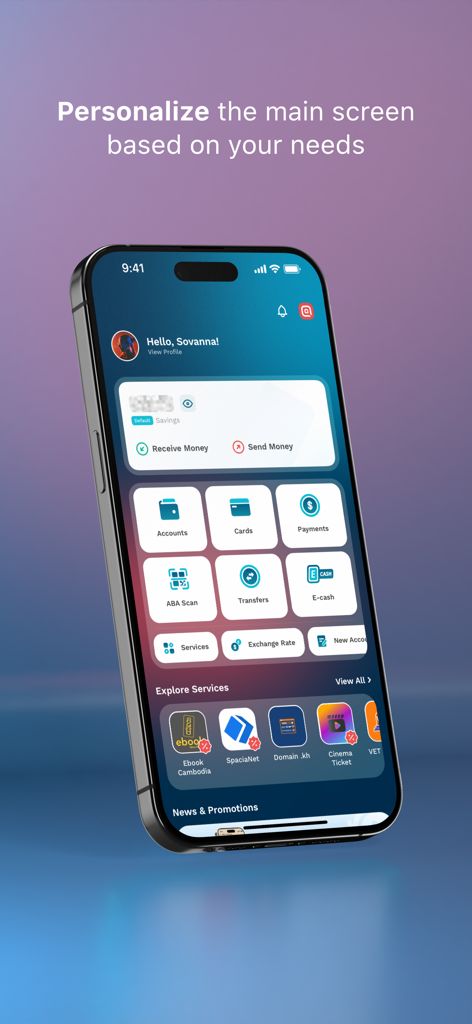 Pantalla principal de la aplicación ABA Mobile Bank con un panel personalizado que muestra iconos de banca y servicios