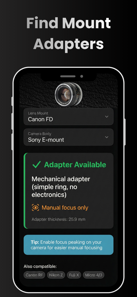 Camera Lens Identifier - Interface showing lens mount compatibility and adapter details for a Canon FD lens on a Sony E-mount camera body