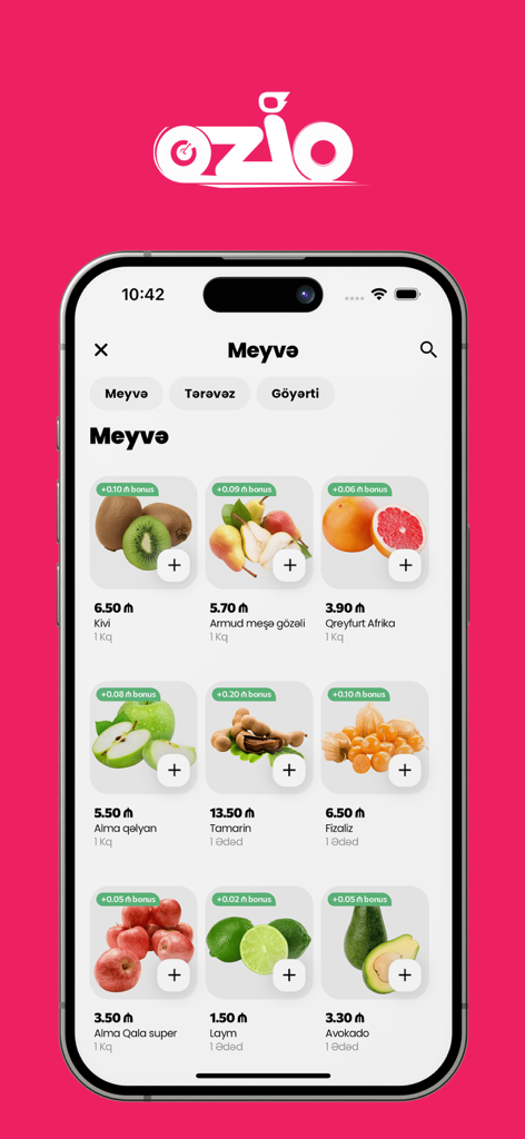 Ozio | Market. Cashback card. - Ozio mobile app interface showing fresh fruit categories with prices and cashback rewards