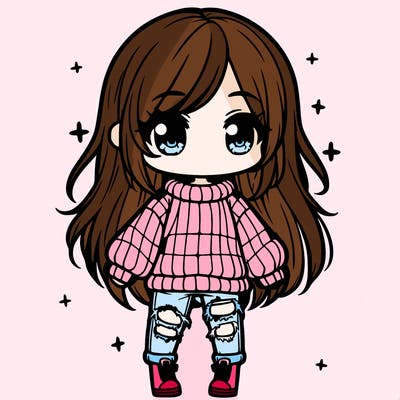 chibi girl with ripped jeans,long hair, and an oversized sweater