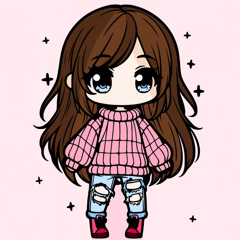 chibi girl with ripped jeans,long hair, and an oversized sweater