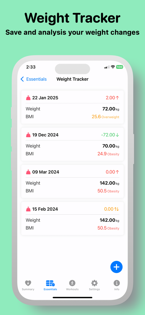Vital Signs: My FitWidget - Vital Signs app screen displaying weight tracker history with BMI and weight logs