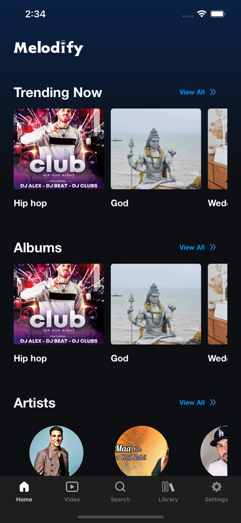 Melodify Music and Podcasts - Home screen of the Melodify app showing trending music categories, albums, and featured artists.