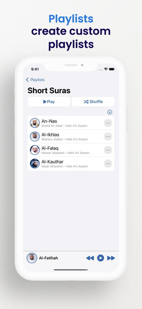 Tarateel AlQuran app interface showing a custom playlist of short surahs
