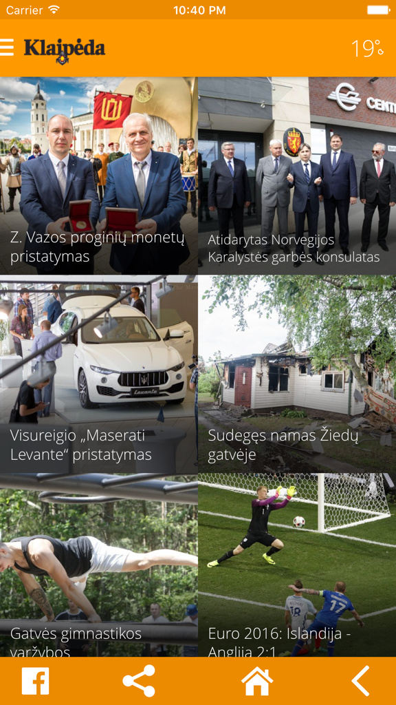 KL.lt - Pantalla de inicio de la aplicación móvil KL.lt con feed de noticias locales y titulares