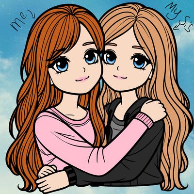 two teenage girls with long hair hugging each other