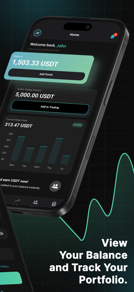 Polar Tensor home screen showing USDT balance active trading amount and weekly profit performance chart