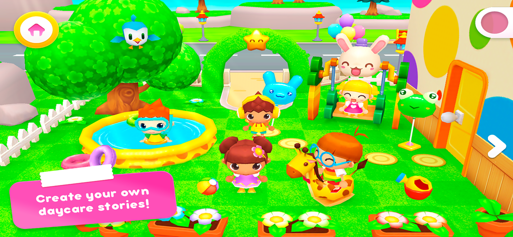 Happy Daycare Stories - Personajes infantiles jugando en un colorido patio de recreo al aire libre de una guardería con piscina y columpios
