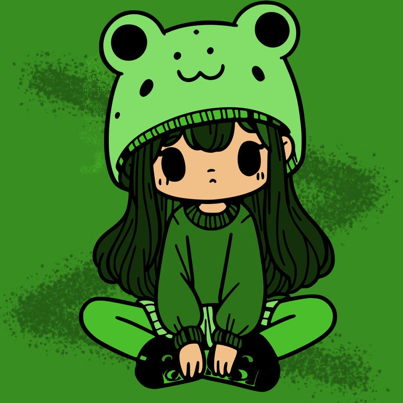 a girl wearing a frog hat and some frog socks