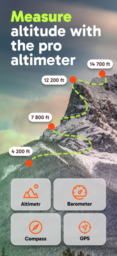 My Altimeter GPS Altitude Map - My Altimeter App-Oberfläche mit Berg-Höhenmessungen und Navigationstools