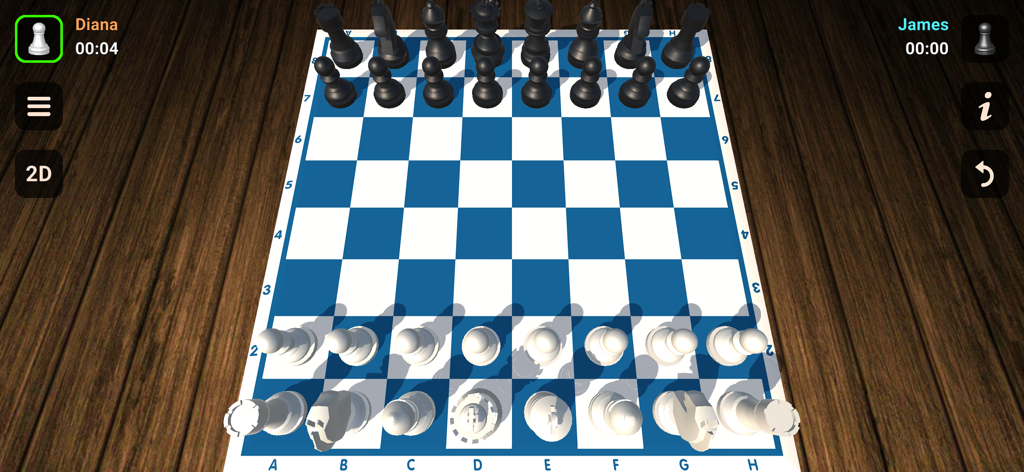 A 3D perspective view of a chess board with black and white pieces at the starting positions for a local two player game.
