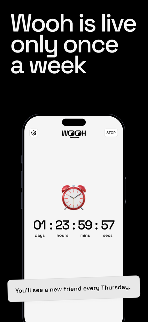 Wooh: meet new friends - Wooh app screen showing a countdown timer for a weekly friend match