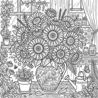 Bring a stunning bouquet of cut sunflowers to life with your colors! This intricate full-scene design features a beautiful vase arrangement surrounded by delightful garden details, perfect for a relaxing coloring session.