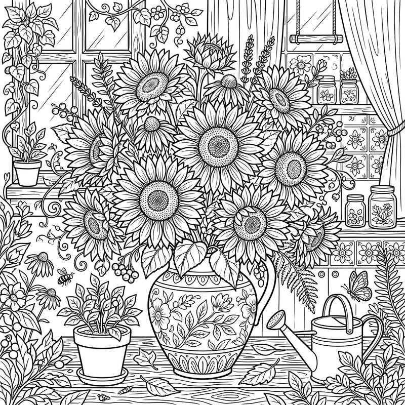 Bring a stunning bouquet of cut sunflowers to life with your colors! This intricate full-scene design features a beautiful vase arrangement surrounded by delightful garden details, perfect for a relaxing coloring session.