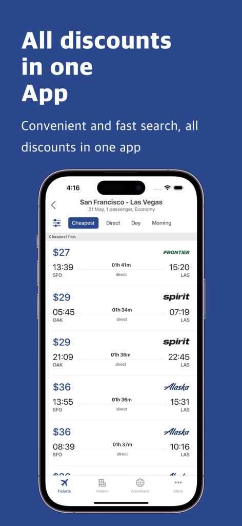 AeroSell - Cheap Flights Avia - 旅行向けの割引航空券検索結果リストを表示するAeroSellモバイルアプリ