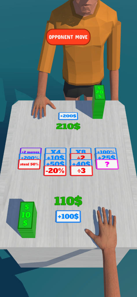 Gameplay of Double Money app showing stacks of cash and math cards on a table.