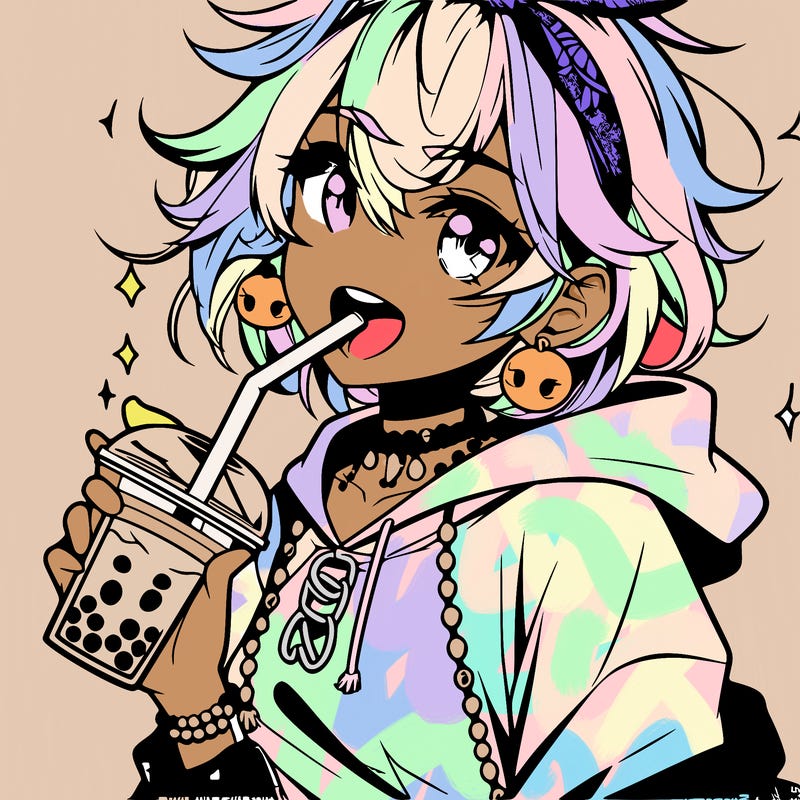 hot baddie anime girl drinking boba and biting the straw