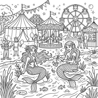 Unleash your creativity with this enchanting coloring page featuring elegant river mermaids exploring a bustling carnival. Discover a world where underwater magic meets fairground excitement, perfect for all ages.
