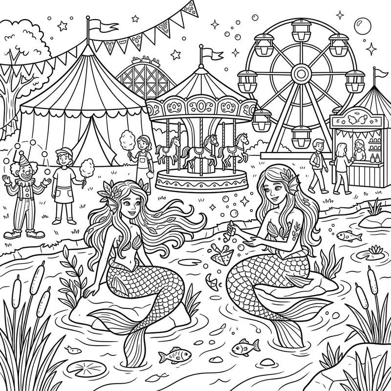 Unleash your creativity with this enchanting coloring page featuring elegant river mermaids exploring a bustling carnival. Discover a world where underwater magic meets fairground excitement, perfect for all ages.