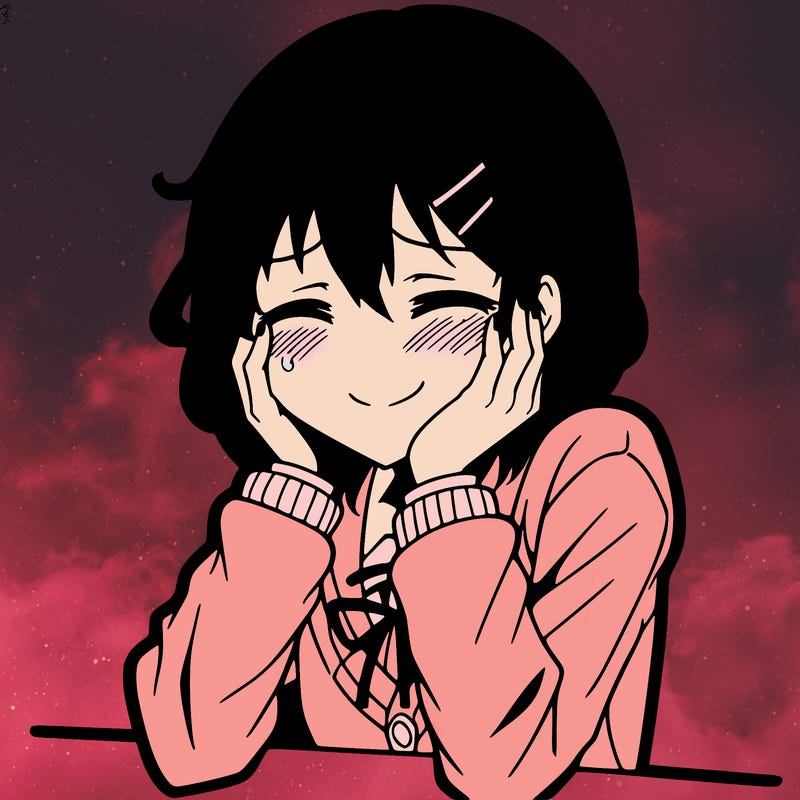 depressed anime character but smiling