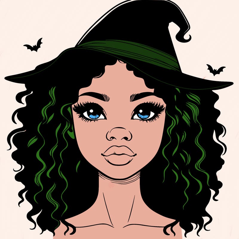 realistic black girl with wavy hair and witch hat and nose and lips