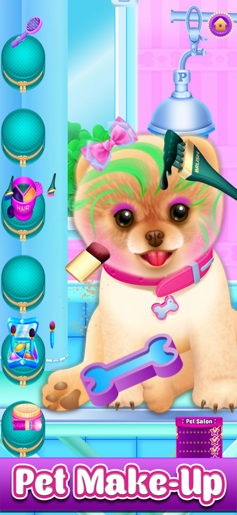 A cute puppy receiving colorful hair and face makeup in a pet salon grooming game