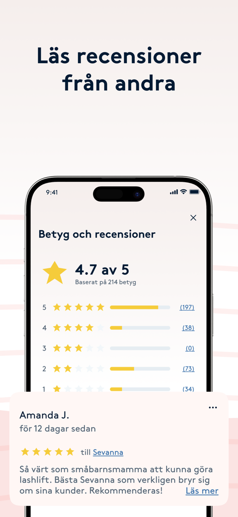Mobile app screen showing a four point seven star rating and a customer testimonial for a lash lift service