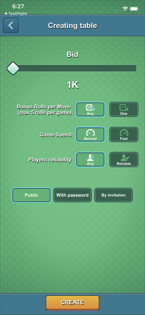 Dice-n-Roll online Yatzy - Interface for customizing a new Yatzy game table with options for bid game speed and player reliability