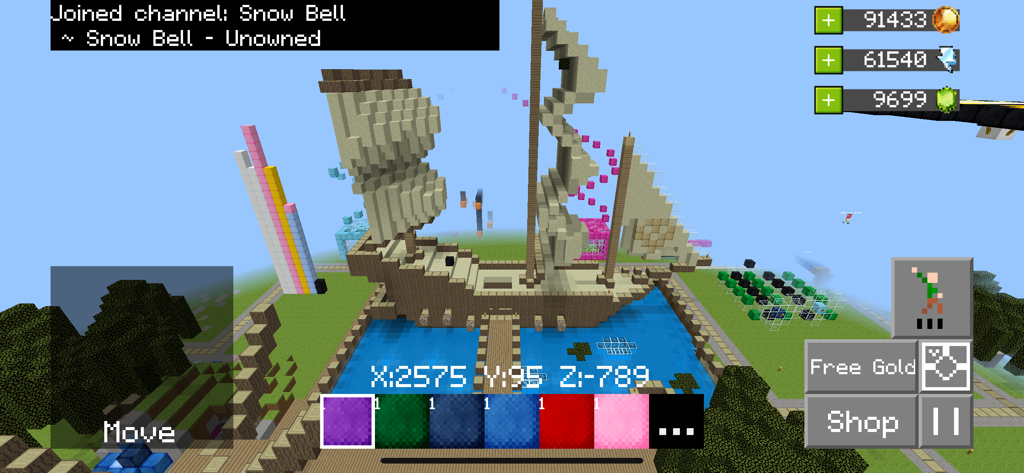 Builder Buddies Craft & Mine R - Um grande navio pirata de voxel construído em um mundo sandbox 3D com interface de jogo e coordenadas