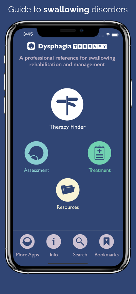 Dysphagia Therapy - Main menu of the Dysphagia Therapy app for speech language pathologists featuring therapy finder, assessment, and treatment modules.