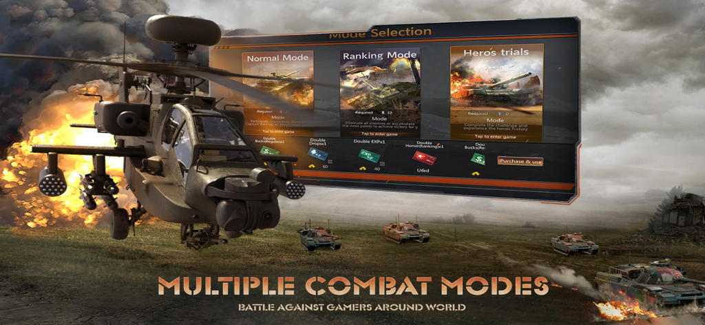 Clash of Panzer - Clash of Panzer game menu showing multiple combat modes with tanks and helicopters