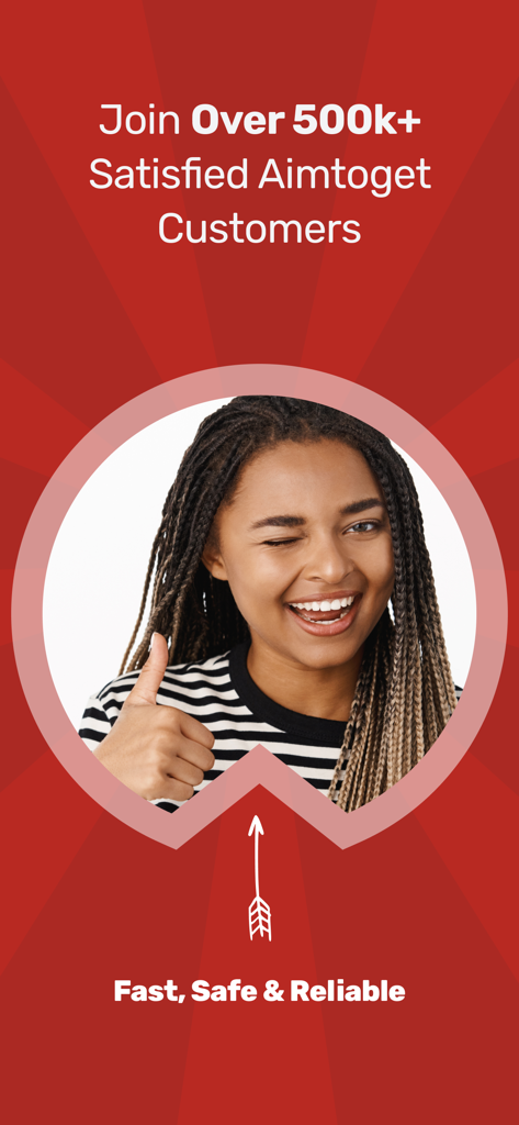 Promotional screen for Aimtoget Wallet showing a happy customer and mentioning over 500k satisfied users