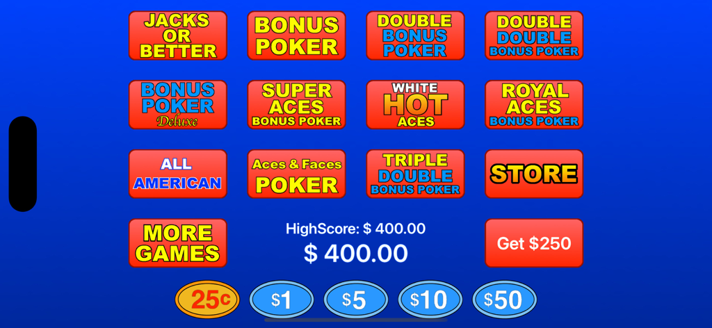 ジャックオアベターやダブルボーナスポーカーなどの様々なゲームモードとベットオプションが表示されたビデオポーカーアプリのメインメニュー。