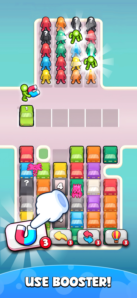Park Match! - Gameplay of Park Match! featuring a magnet booster being used to clear colorful cars and characters on a puzzle board.