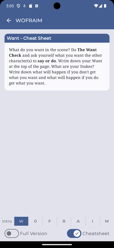 Actor Audition App - Screenshot of the WOFRAIM technique cheat sheet for actor script breakdown