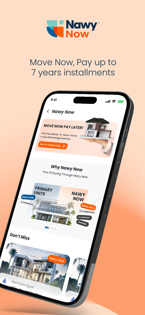Nawy - Real Estate - Smartphone screen showing the Nawy Now feature with move in now pay later property installment options