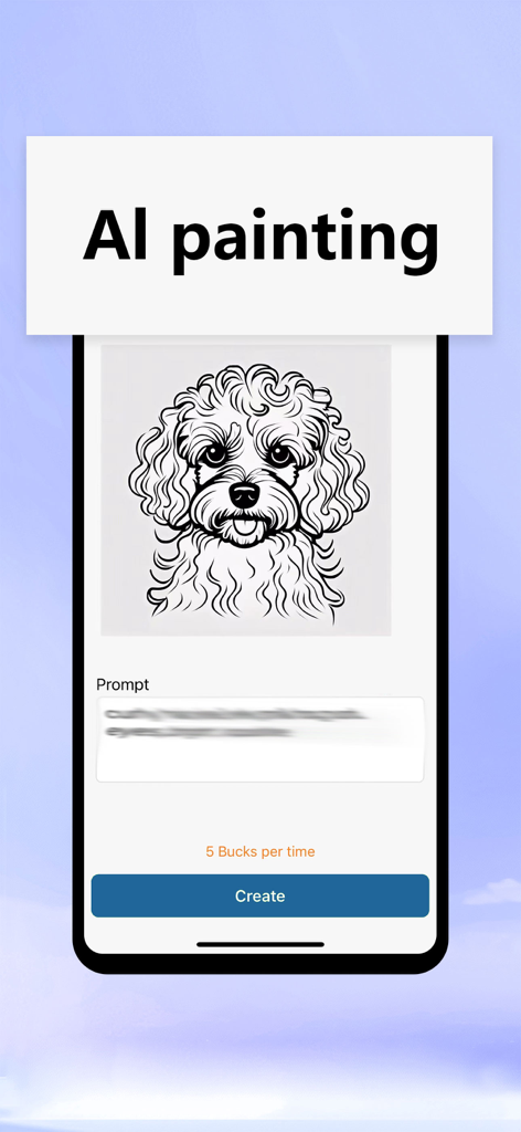 A mobile app screen for AI painting featuring a black and white line drawing of a poodle for custom thermal label printing