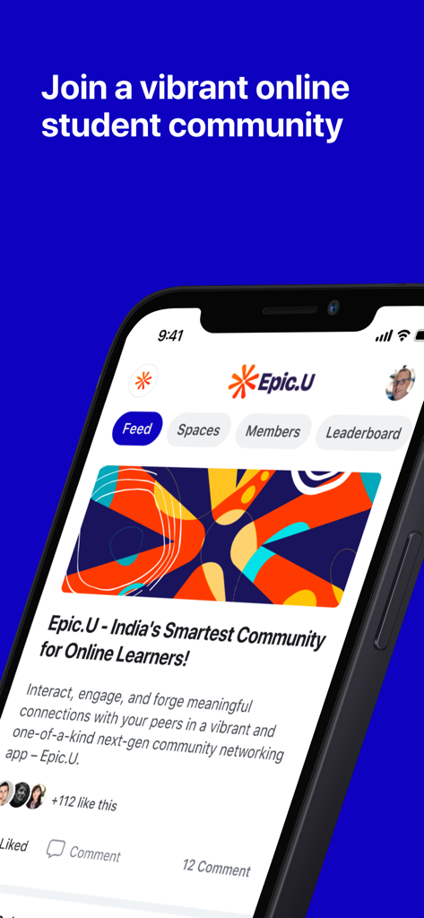 Epic.U - Interfaz de la aplicación móvil Epic.U que muestra un vibrante feed de la comunidad estudiantil y pestañas de navegación.